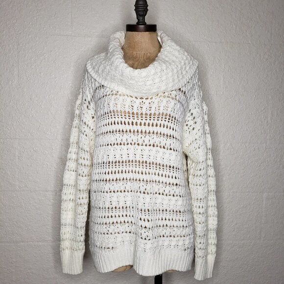 DKNY Cream Open Knit Cowl Neck Wool Sweater Size M - Picture 5 of 16